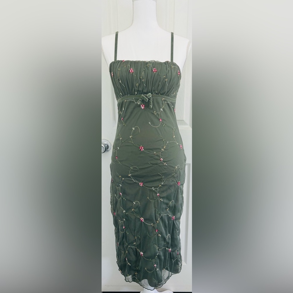 Green Floral Embroidered Slip Dress